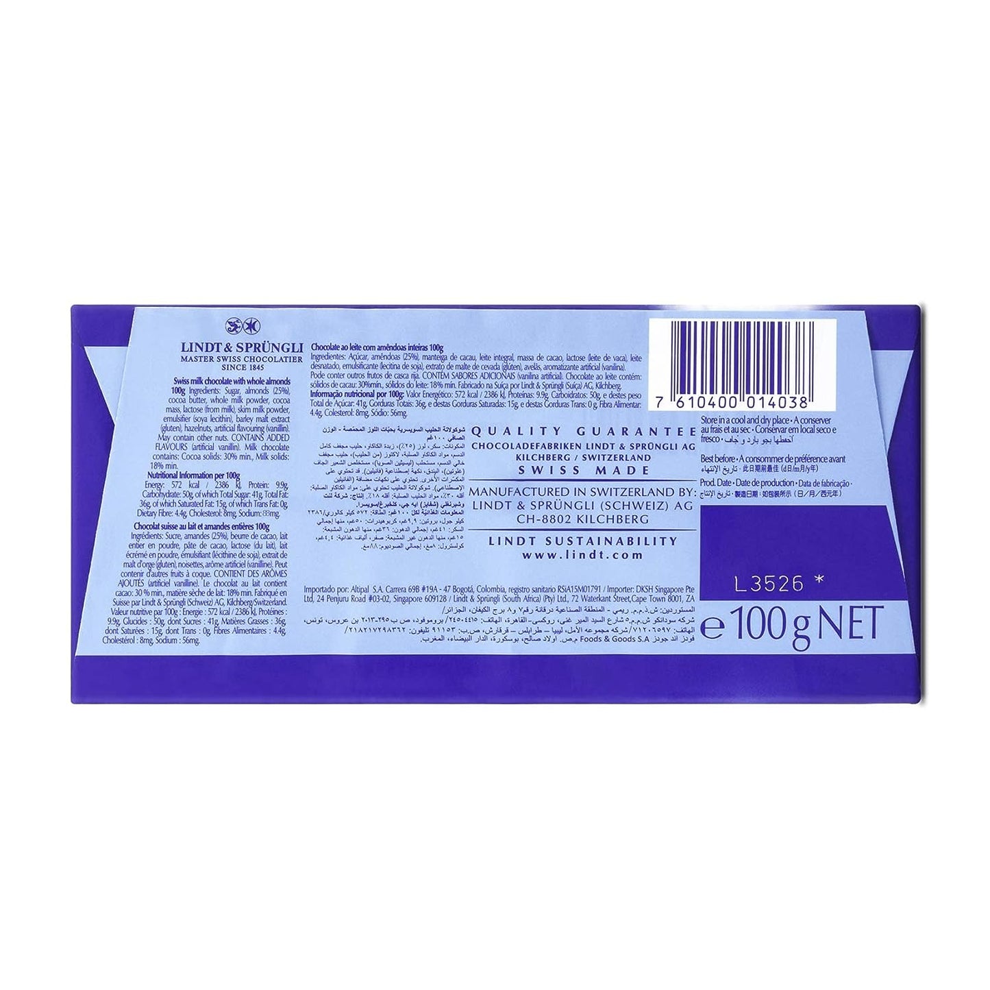 LINDT SWISS CLASSIC MILK CHOCOLATE ALMOND 100G