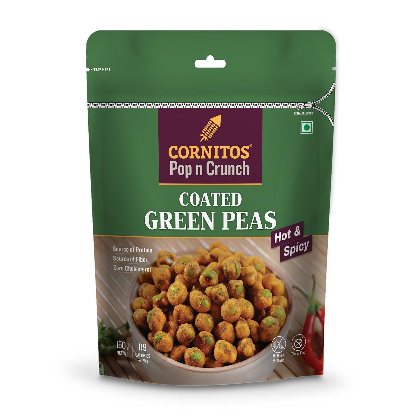 CORNITOS COATED GREEN PEAS HOT AND SPICY GLUTEN FREE 150G