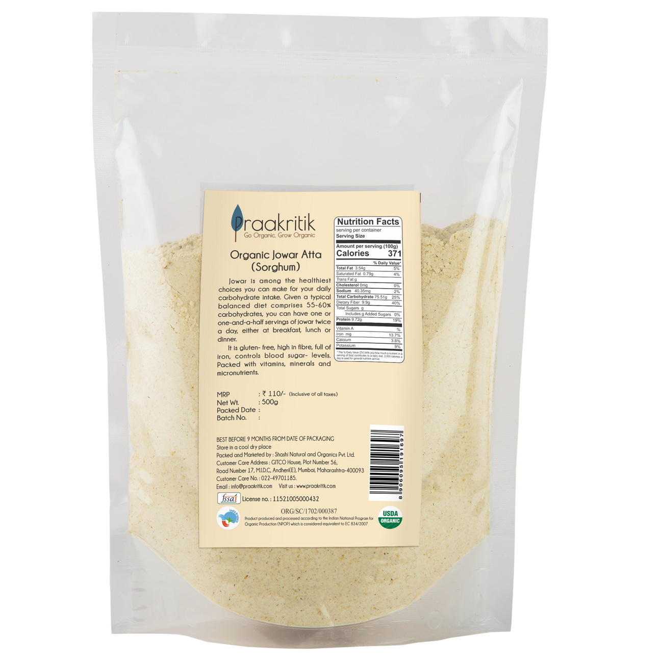 PRAAKRITIK JOWAR AATA 500 GM
