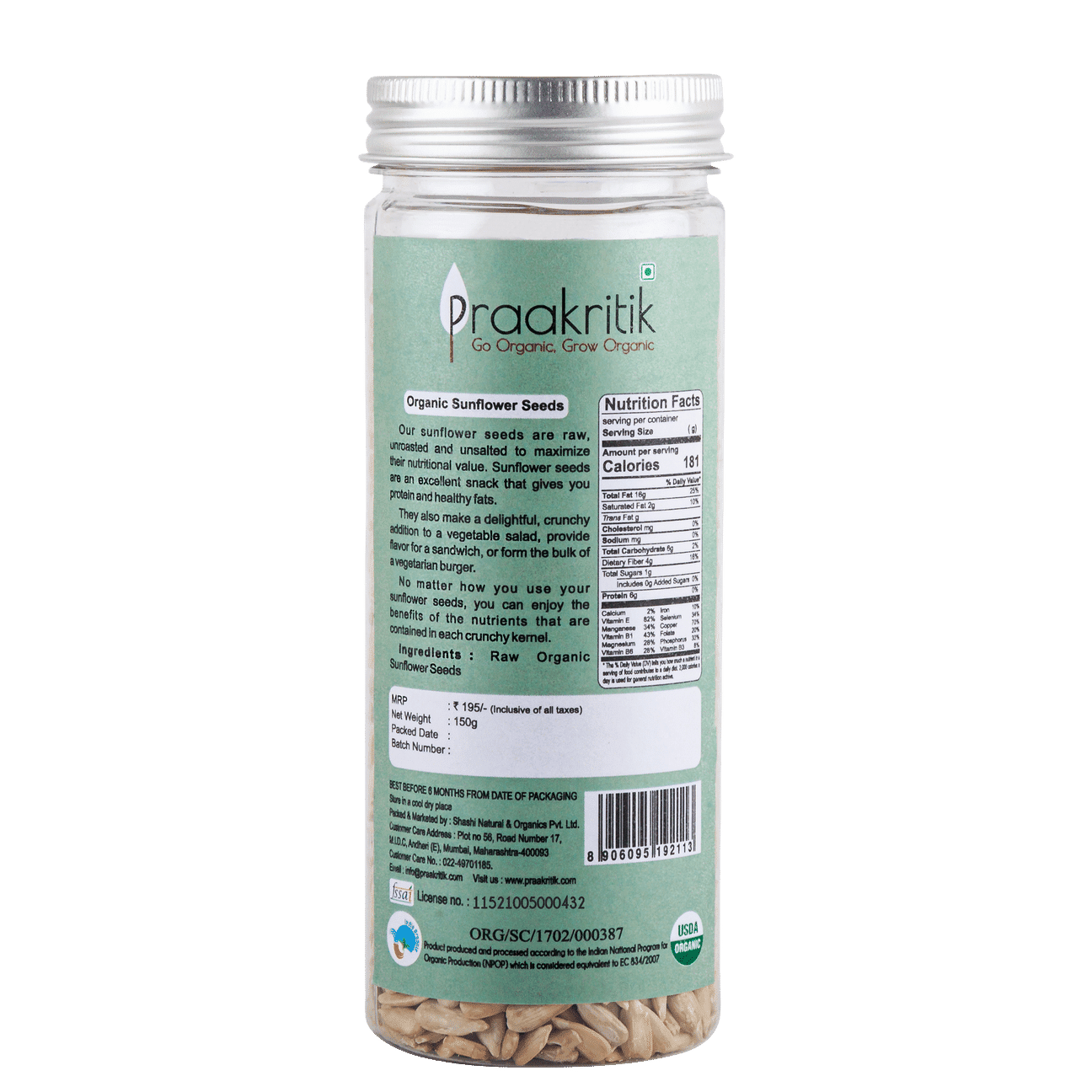 PRAAKRITIK SUNFLOWER SEEDS RAW 150 GM