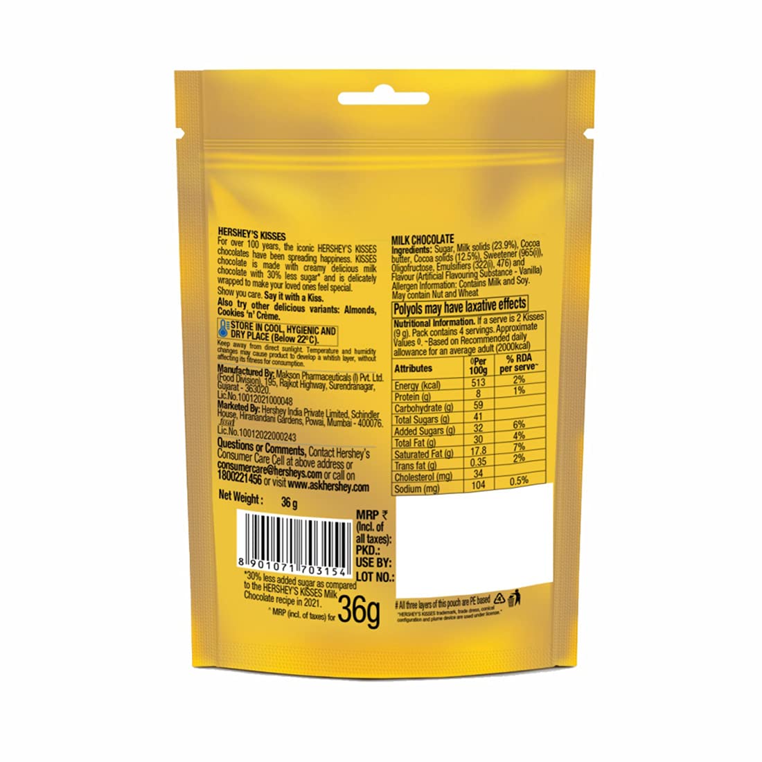 HERSHEYS MILK CHOCOLATES 30LESS SUGAR 36GM
