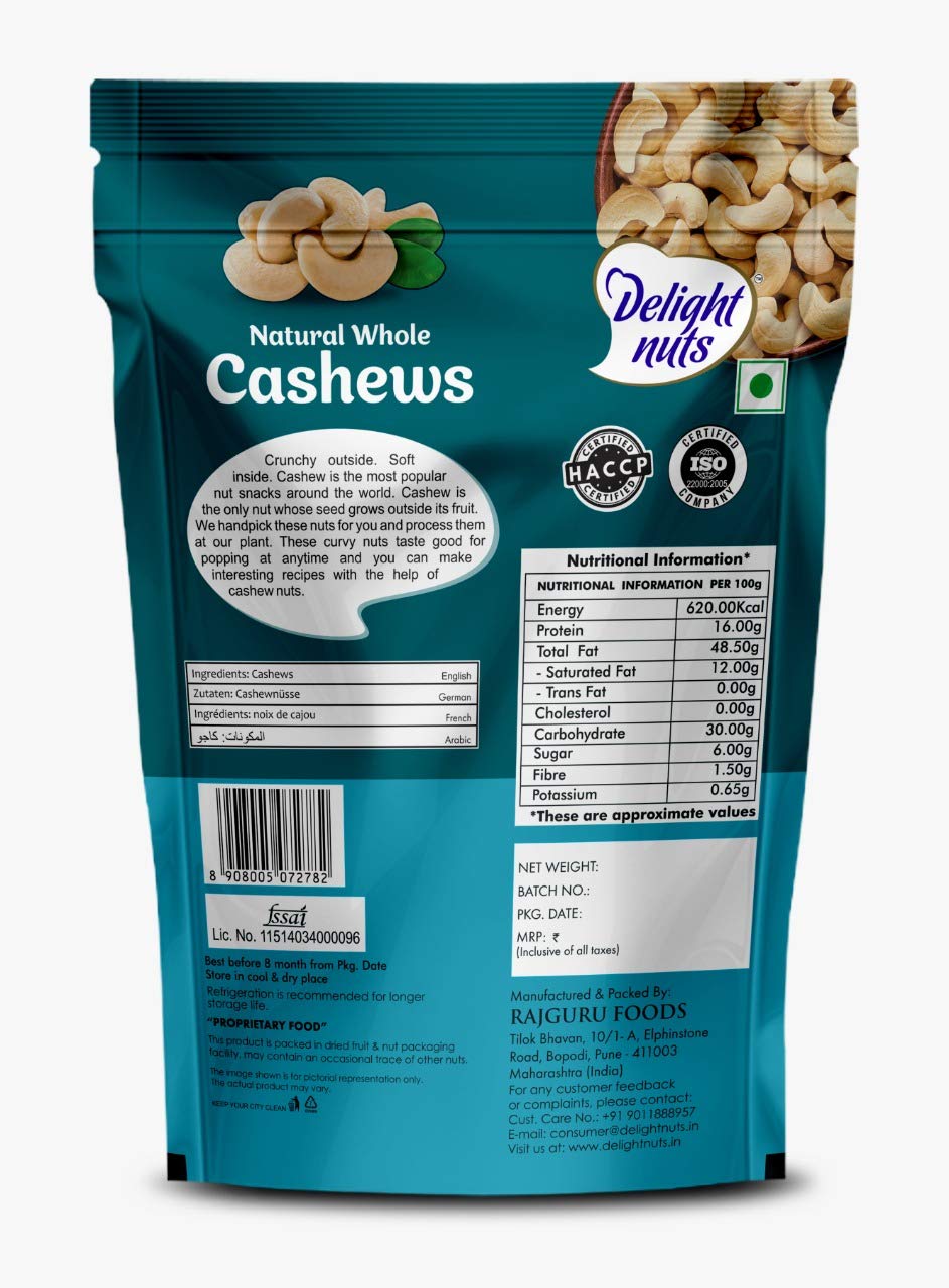DELIGHT NUTS NATURAL WHOLE CASHEWS 200 GM