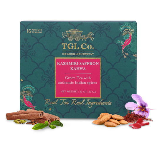 TGL CO KASHMIRI SAFFRON KAHAWA GREEN TEA WITH AUTHENTIC INDIAN SPICES 16BAGS 32GM