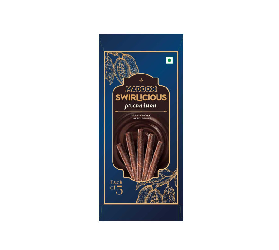 Maddox Swirlicious Dark Choco wafer rolls 62.5 gm