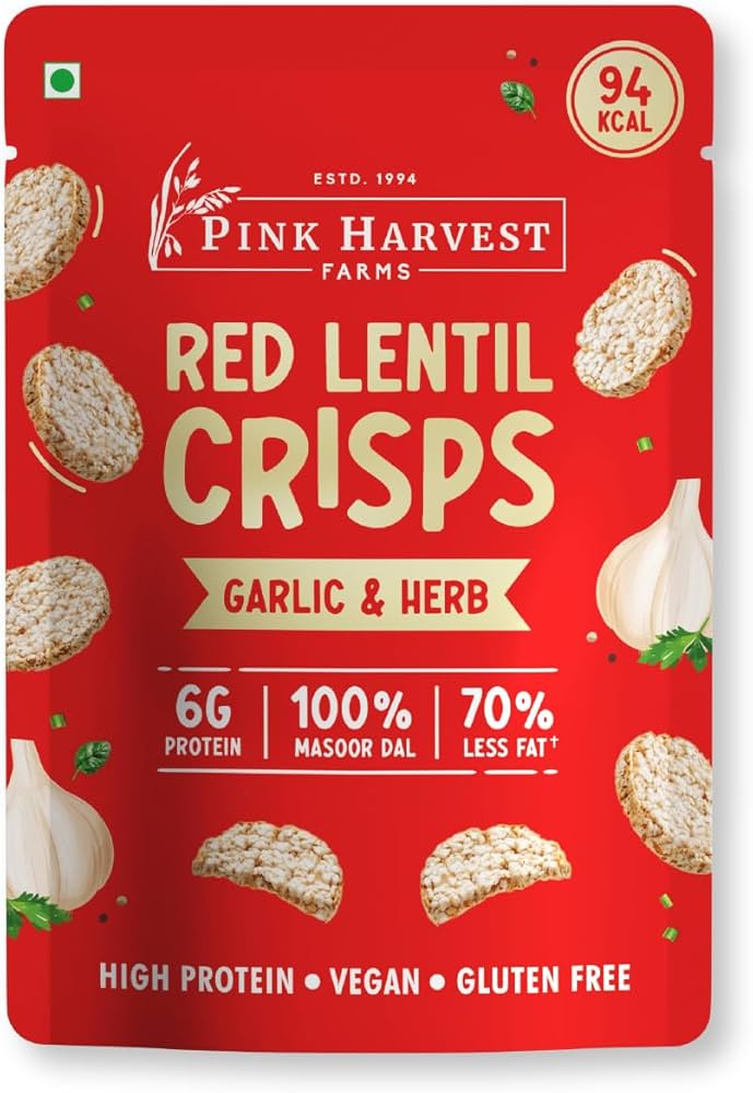 PINK HARVEST RED LENTIL CRISPS GARLIC AND HERB 25 GM