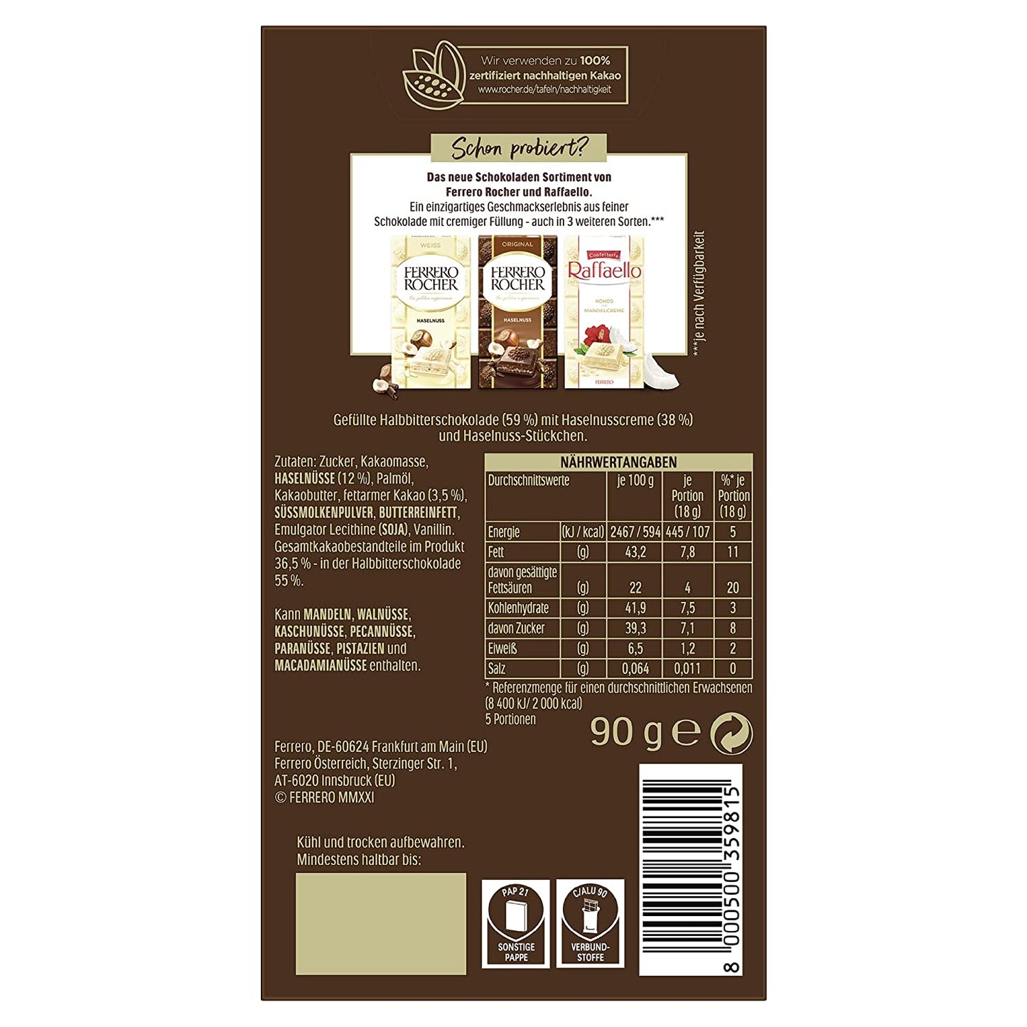 FERRERO HAZELNUT BAR 90GM