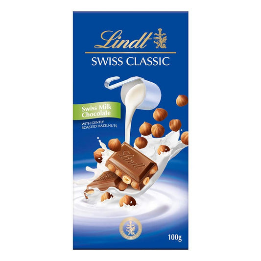 LINDT SWISS CLASSIC MILK WITH HAZELNUTS 100GM