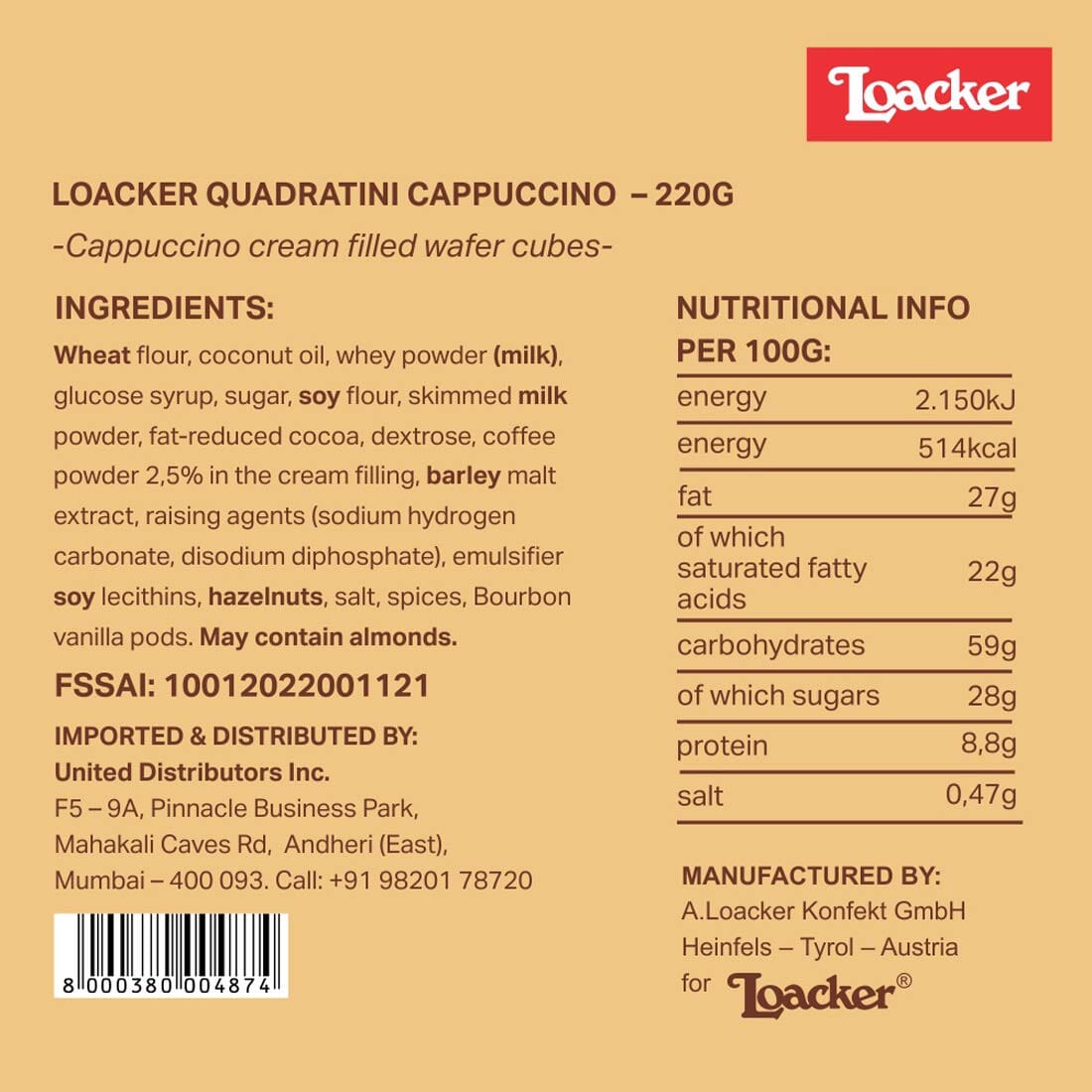 LOACKER CAPPUCCINO 110 GM