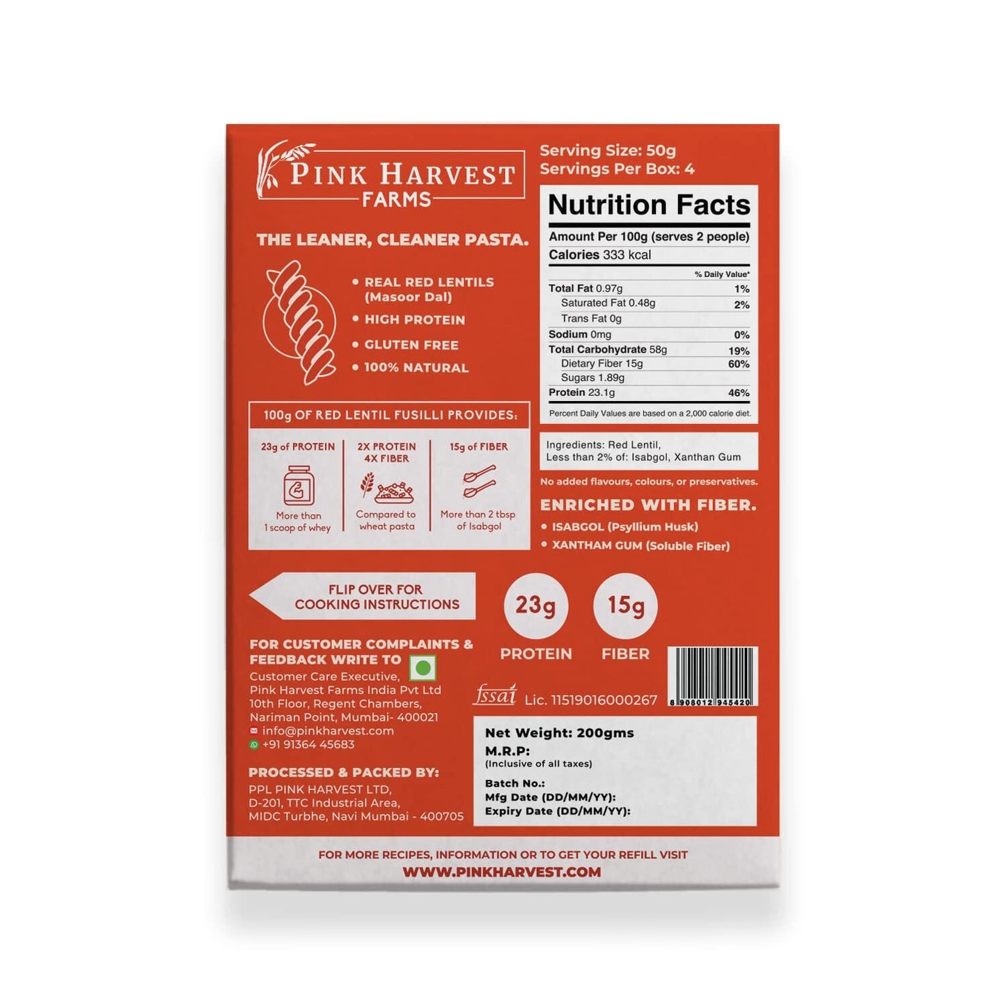 PINK HARVEST GLUTEN FREE RED LENTIL FUSILLI 200 GM