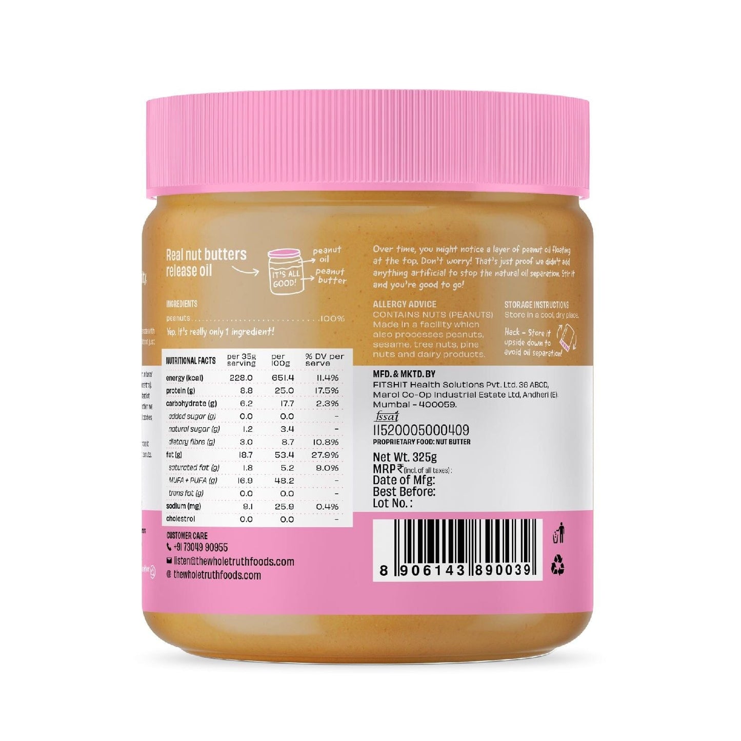 THE WHOLE TRUTH UNSWEETENED PEANUT BUTTER CREAMY 325 GM TGO9 